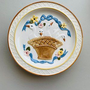 Vintage Howard Kaplan’s White Goose Blue Ribbon Embossed Ceramic Plates 9” Japan